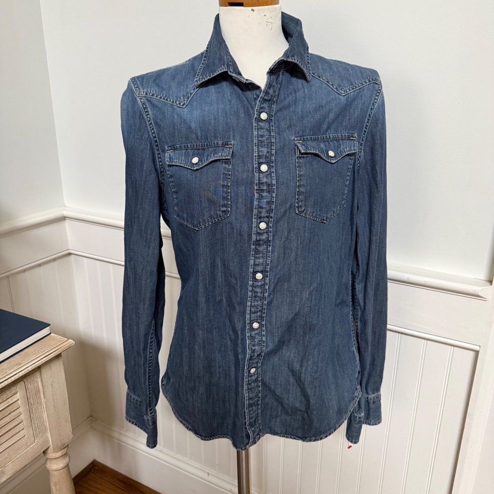 American Eagle Outfitters Distressed Indigo Denim Button-Up Shirt